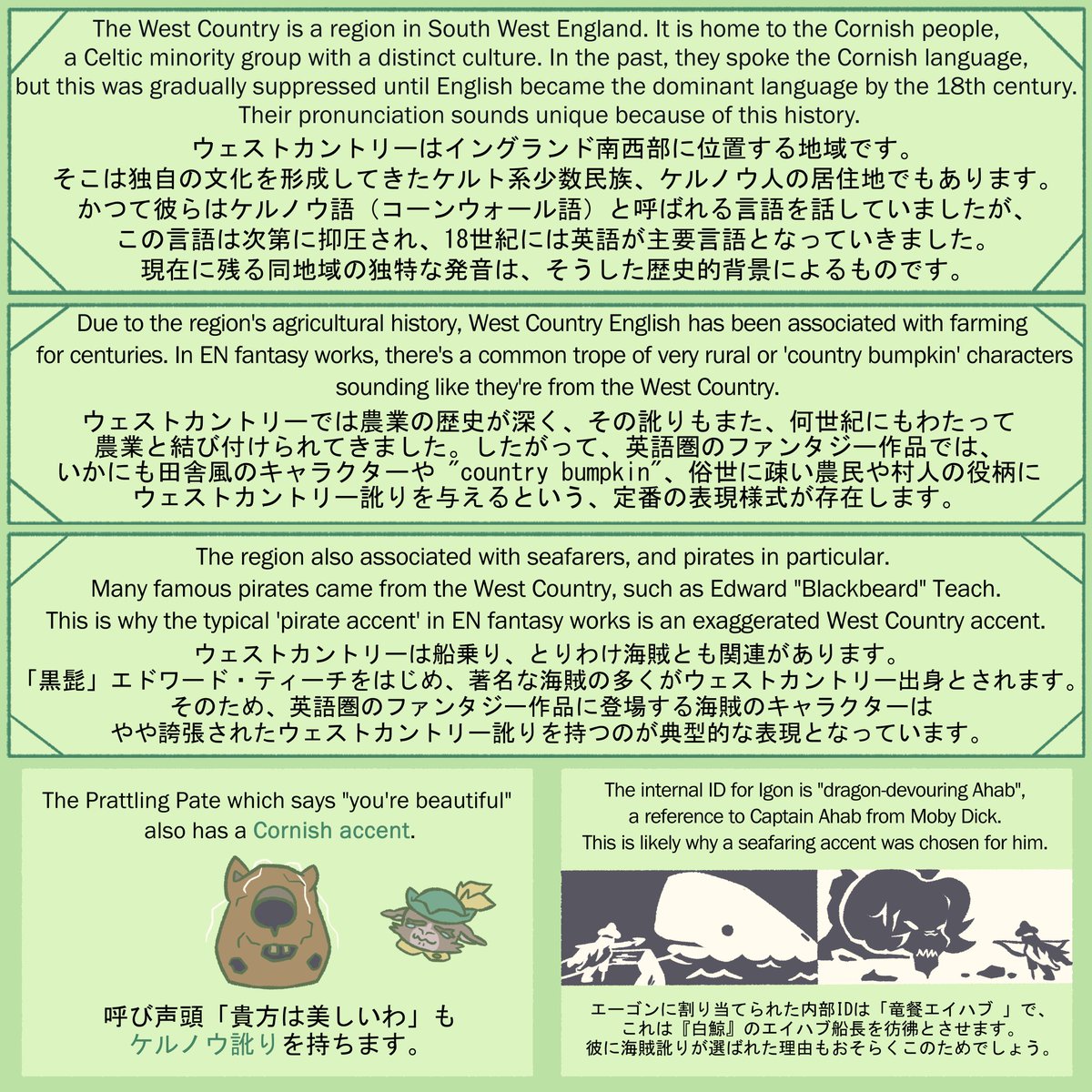 TwoBitBroker's tweet photo. A guide for non-native speakers about the different types of English spoken by Elden Ring characters!
Section 4 - West Country English (ウエストカントリー英語)

The JP localisation is made by @FarEastForest! ありがとう! 
#ELDENRING #エルデンリング https://t.co/xmN4z1uU4w