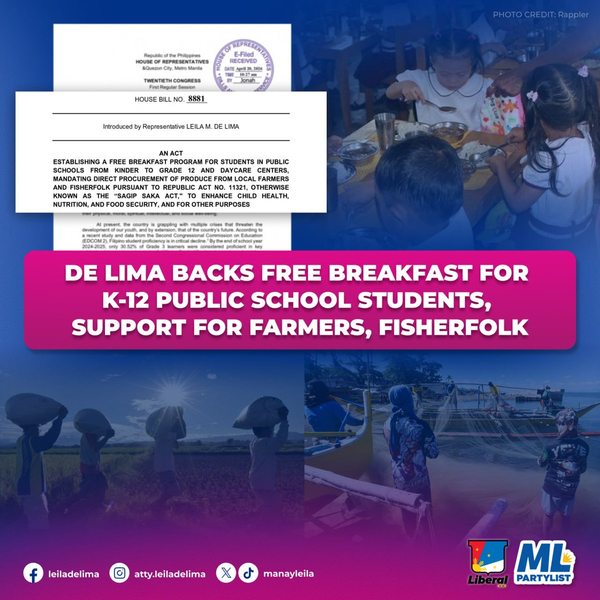 Kinakailangang suporta para sa mga mag-aaral, magsasaka at mangingisda, isabatas!

Through our proposed “Free Breakfast Program and Sustainable Agriculture Act”, which fully adopts Senate Bill No. 219 filed by Senator <a href="/kikopangilinan/">Kiko Pangilinan</a>, we seek to establish a comprehensive free
