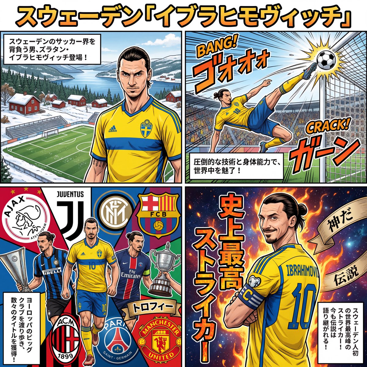 ⟡ 🇸🇪World Cup【スウェーデン紹介】⟡
　サッカースウェーデン元代表のイブラヒモヴィッチ知ってる？ スウェーデン代表の象徴であり、史上最高の選手と称されるレジェンド！ ※4K生成拡大OK！
　もし貴方もイブラヒモヴィッチになりたかったらプロンプトをリプ欄に貼ったからやってみて～