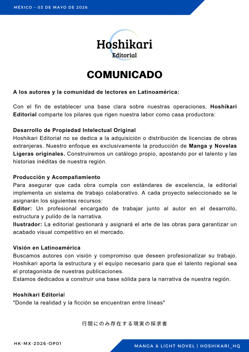 Hoshikari_HQ's tweet image. Comunicado Oficial: Hoshikari Editorial.
#LightNovel #Manga #Original #latinoamérica