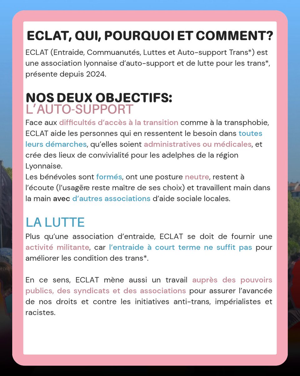 ECLATrans's tweet photo. Viens nous rencontrer le 8 mai à L'île Égalité à 19h!

🏳️‍⚧️ Nous organisons une première rencontre pour toute celleux intéressé.e pour nous rejoindre et celleux qui ont des questions avant de passer le pas. 1/2 https://t.co/zV5SAfJAbK
