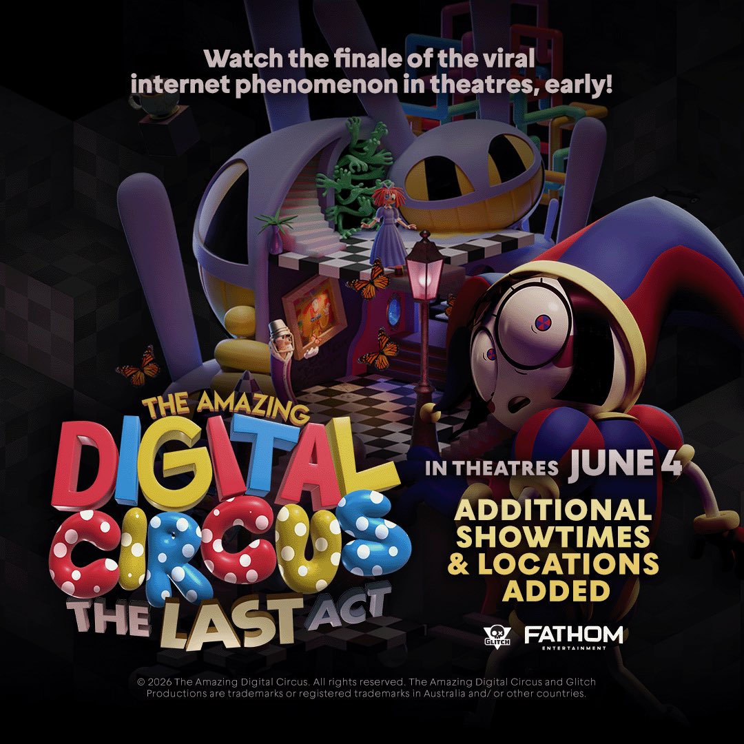 AuroraCineplex's tweet image. THE AMAZING DIGITAL CIRCUS
The Last Act
Playing on the Big Screen at #AuroraCineplex 

Tickets on Sale--fandango.com/aurora-cineple…

#TheAmazingDigitalCircus 
@FathomEnt 
#FathomEntertainment 

#area51 #roswellga #Atlanta #movietheater #DigitalCircus #popculture 
#Fandango
