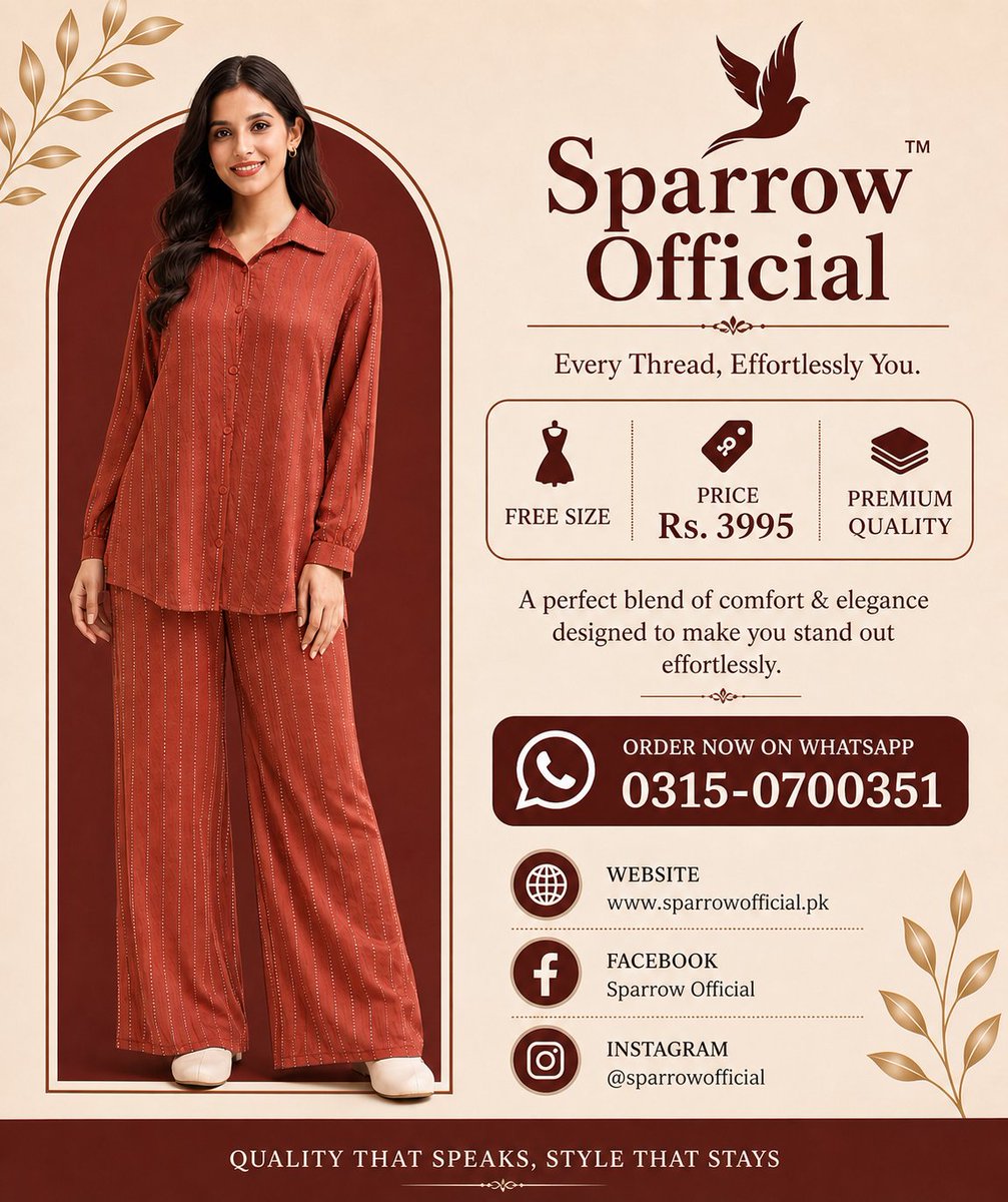 Sparrowoffical_'s tweet image. ✨ Sparrow Official
Every thread, effortlessly you.
Step into elegance with our latest outfit – designed for comfort, style &amp;amp; confidence. Perfect for your everyday classy look.
🛍️ Order now on WhatsApp:
👉 wa.me/923150700351
#SparrowOfficial #EffortlessStyle #FashionPakistan