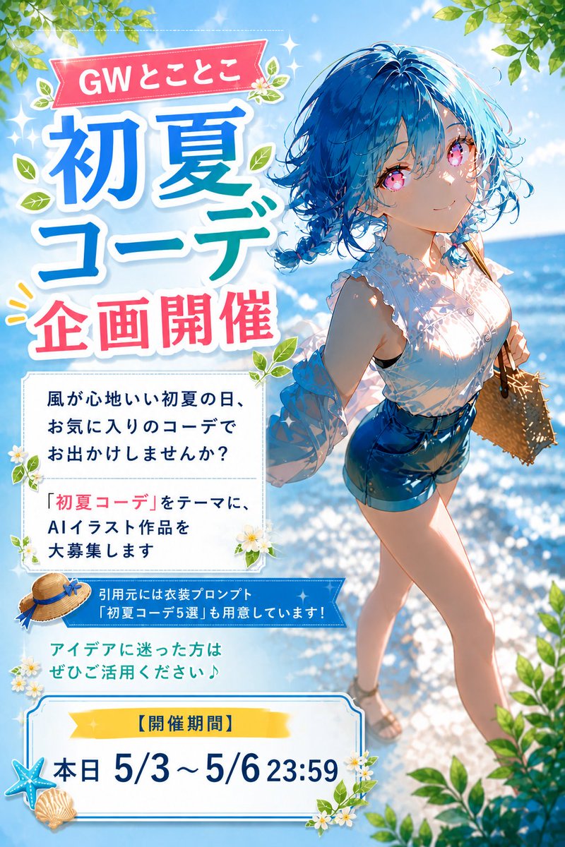 tokotoko_aiil's tweet image. 🌿#GWとことこ初夏コーデ 企画開催 🌿

風が心地いい初夏の日、
お気に入りのコーデでお出かけしませんか？✨

「初夏コーデ」をテーマに、
AIイラスト作品を大募集します💐

引用元には衣装プロンプト『初夏コーデ5選』も用意しています！
アイデアに迷った方はぜひご活用ください🙌

🕊️【開催期間】