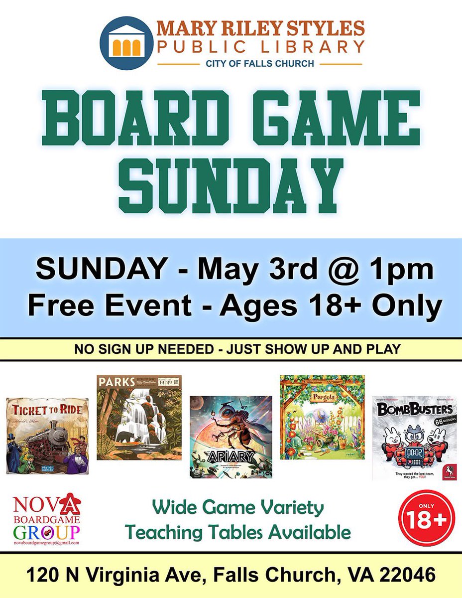 NovaBoardGame's tweet image. Join us for the free community board game day at Falls Church Library starting at 1pm today (May 3rd).  Ages 18+ only. @ilovearlingtonv @mrsplfc #dmv #nova #boardgames