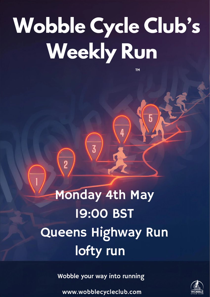 CycleWcc's tweet photo. 🏃‍♂️ Wobble Cycle Club’s Weekly Run 🏃‍♀️

Ready to level up your running? Join us this Monday for an energizing group run! 

📅 Monday 4th May
⏰ 19:00 BST
📍 Queens Highway Run (Lofty Run)
✨ Wobble your way into running ✨
https://t.co/rmCBIPvvVs

#WobbleRun #RunTogether #WeeklyRun https://t.co/huBL3Ete8m