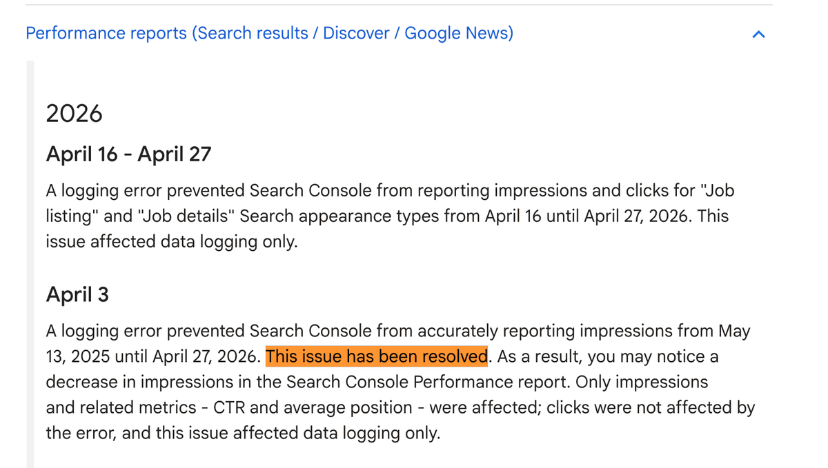 rustybrick's tweet photo. ICYMI: Google said it fixed the 50 week long data logging issue in Search Console  https://t.co/QynWn5kWqn https://t.co/9C5f3KmX8B