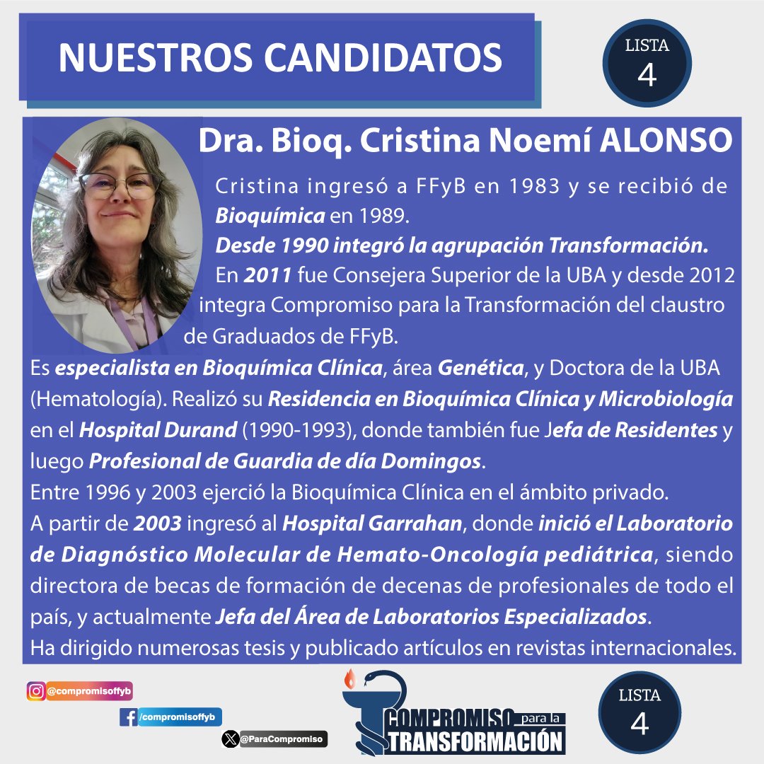 ParaCompromiso's tweet photo. Seguimos presentándote a nuestros/as candidatos/as para estas elecciones! Somos un grupo de Graduados/as de muy diversas generaciones que nos desempeñamos en distintos ámbitos, tanto dentro como fuera de la Facultad.
Colaboramos en el gobierno de nuestra Casa de Estudios en tanto https://t.co/agAK6NRnV1