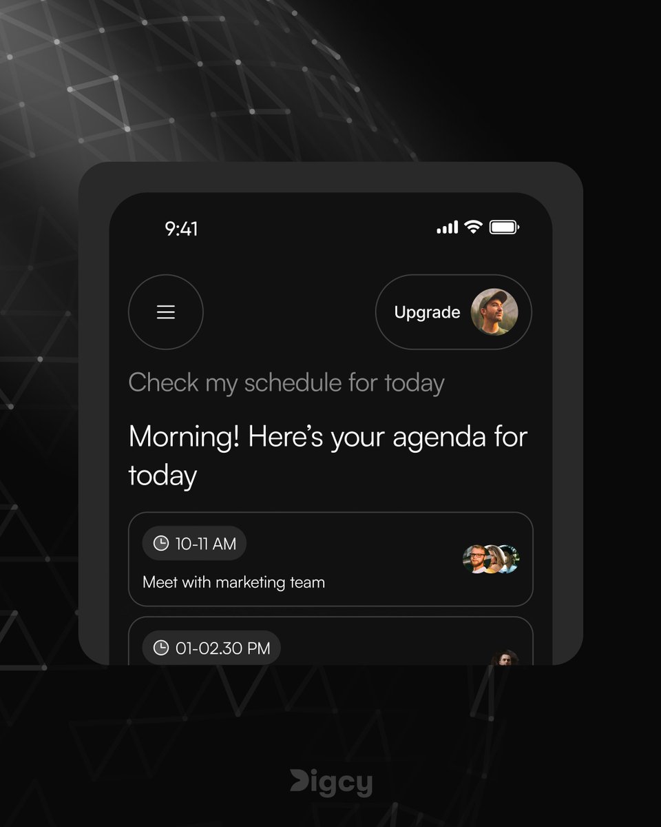 digcydesign's tweet image. Start with clarity.
Show the user their day instantly:
• Agenda
• Key meetings
• Time blocks
No friction. Just focus.
#UX #AppDesign #DesignThinking #UserExperience