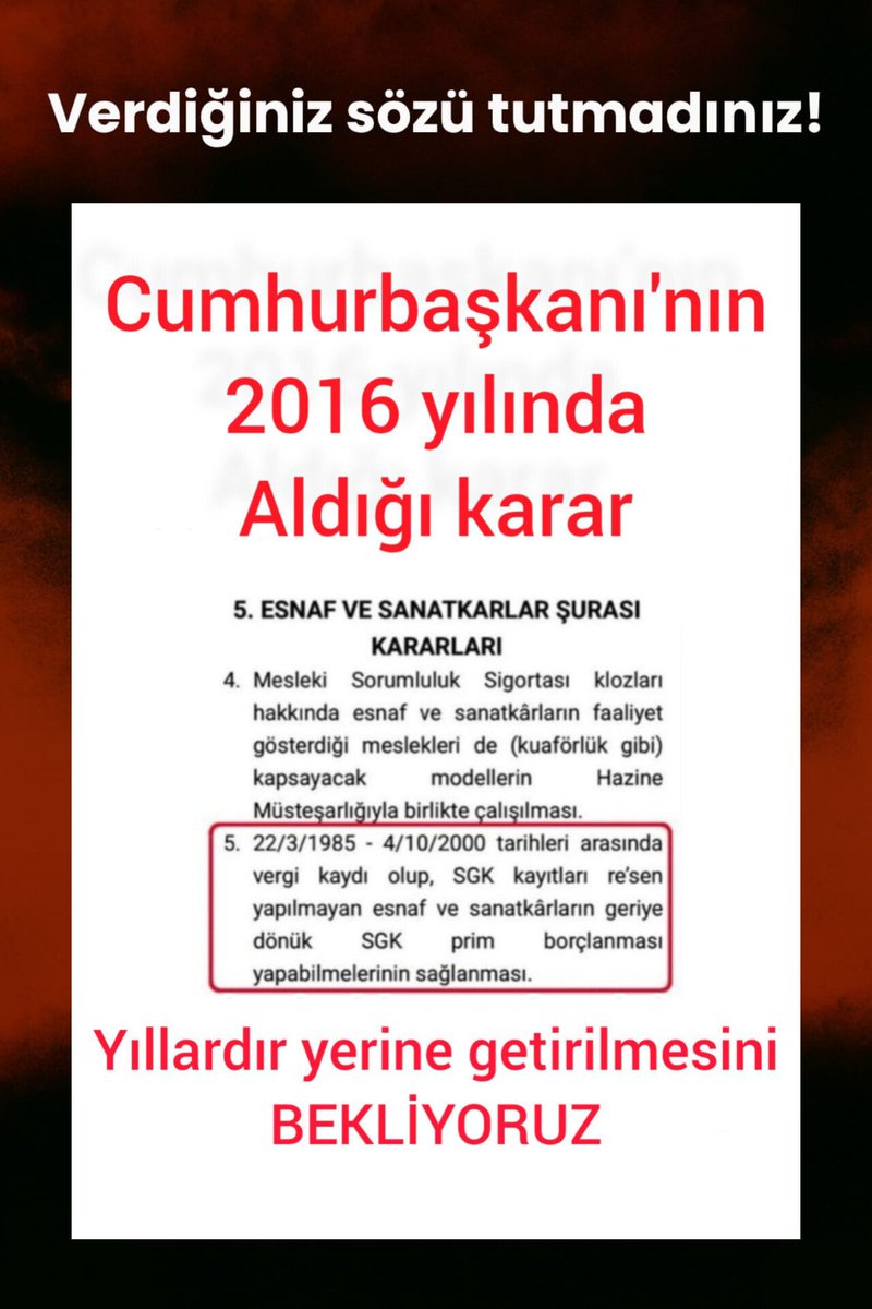 <a href="/demircii_sevgi/">Sevgi Demirci</a> 1982 ve 2008 yılları arasında Bağ-Kur’a kayıt yaptıramamış esnafın hakkı bildirim yapılmadan elinden alınmıştır
#bağkurtescilşart #bağkurtescilmağdurları  <a href="/tcbestepe/">T.C. Cumhurbaşkanlığı</a> <a href="/MhpTbmmGrubu/">MHP TBMM Grubu #MHP</a> <a href="/herkesicinCHP/">CHP 🇹🇷</a> <a href="/melih_meric/">Melih Meriç</a> <a href="/cenginyurt52/">Cemal Enginyurt</a> <a href="/B_Palandoken/">Bendevi Palandöken</a> <a href="/FilizKKonca/">🧭 Filiz KOÇ KONCA</a>