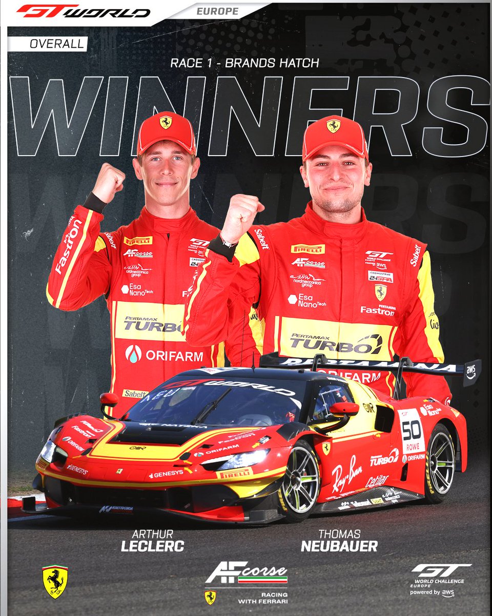 GTWorldChEu's tweet image. 🏆 W I N N E R S 🏆

After an action-packed Race 1 at Brands Hatch, Arthur Leclerc and Thomas Neubauer secure the overall victory with Zagazeta and Mosca claiming the Gold Cup victory. Malykhin and Nesov follow with a victory in the Silver Cup! 🙌

#GTWorld | #GT3 #Motorsport