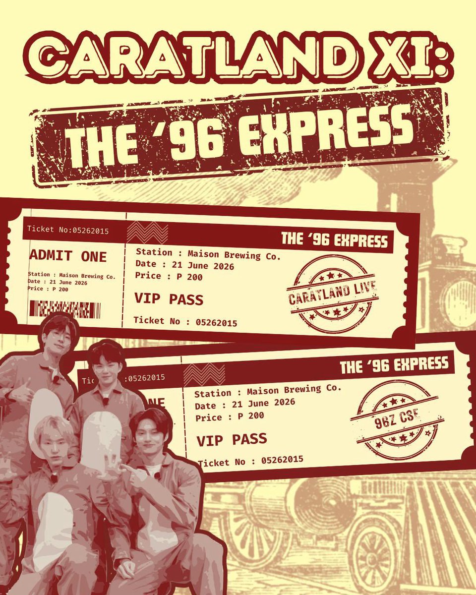 17collectiveph's tweet photo. Caratdeul~

Party with us on our CARATLAND XI: The '96 Express event! 🥰

✅️ 2026 CARATLAND Livestream
✅️ '96 Line CSE

EVENT DETAILS:
📆 June 21, 2026
⏰️ 4pm to 8pm
📍 Maison Brewing Co., Lipa City, Batangas
₱ Reg. Fee: Php 200

🔗Reg Form:
https://t.co/HKUAnFgn0t https://t.co/FWx6zx54Mv