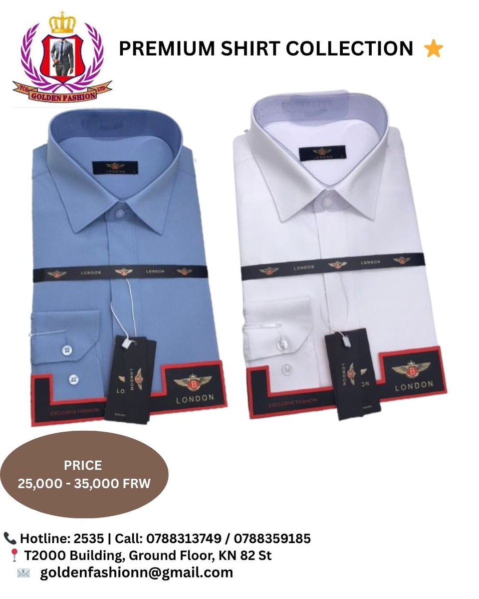 goldenfashionrw's tweet image. Look sharp this Sunday!  Our Premium London Shirt Collection in White &amp;amp; Sky Blue is perfect for church &amp;amp; meetings. Dress like a King!  25k - 35k FRW
📍 T2000, Ground Floor, KN 82 St
📞 0788313749 / 0788359185
#GoldenFashion #KigaliStyle
x.com/goldenfashionr…