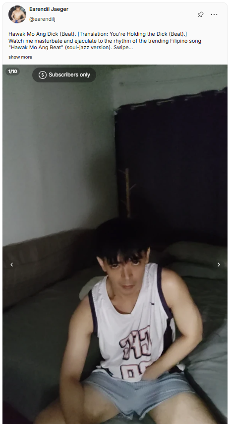 EarendilJ's tweet photo. New video "Hawak Mo Ang Dick (Beat). [Translation: You're Holding the Dick (Beat).]" dropped on Fanvue. Watch me masturbate and ejaculate to the rhythm of the trending Filipino song "Hawak Mo Ang Beat" (soul-jazz version). Check it out. Links in bio. #alter #NSFW https://t.co/QfPbOsN9tL