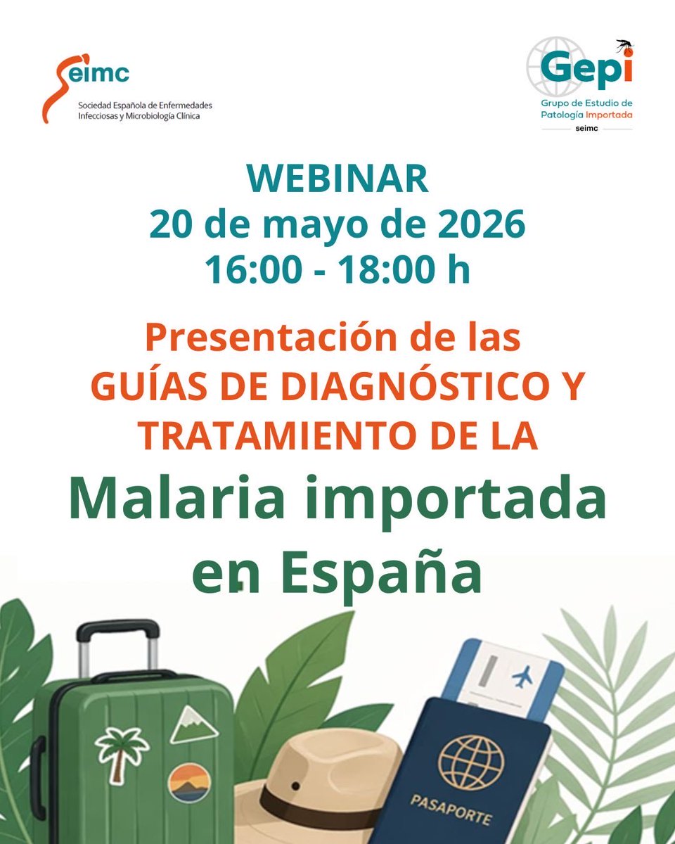 GepiSeimc's tweet photo. 🗓️ SAVE THE DATE | 20 DE MAYO

El Grupo de Estudio de Patología Importada (GEPI) de la SEIMC te invita al webinar:

🔬 “Presentación de las guías de diagnóstico y tratamiento de la malaria importada en España”

Una sesión imprescindible para la actualización en el manejo de esta patología en nuestro entorno.

🔗 Información e inscripciones: https://t.co/EtYouNpRjH

#SEIMC #GEPI #Malaria #MedicinaTropical