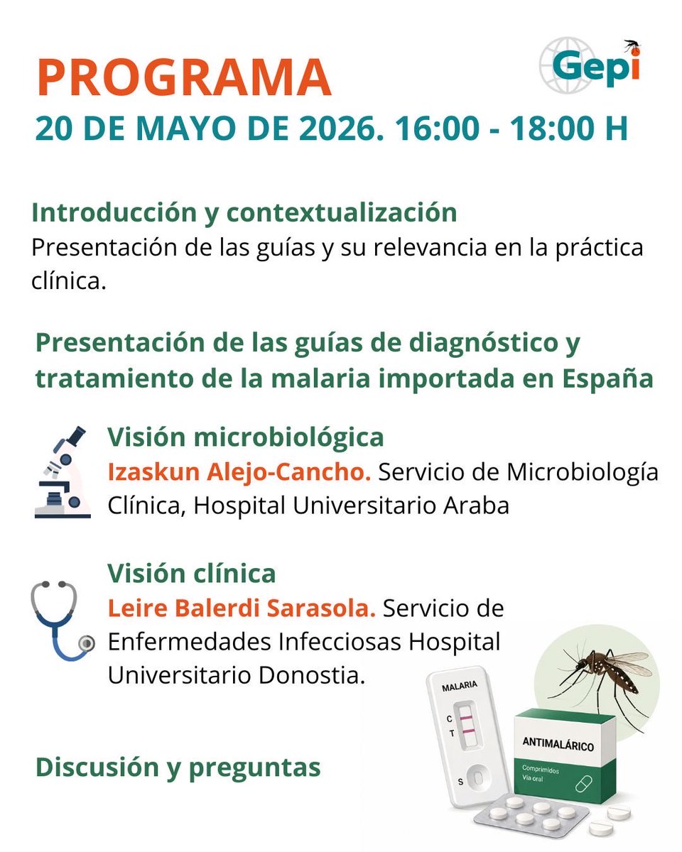 GepiSeimc's tweet photo. 🗓️ SAVE THE DATE | 20 DE MAYO

El Grupo de Estudio de Patología Importada (GEPI) de la SEIMC te invita al webinar:

🔬 “Presentación de las guías de diagnóstico y tratamiento de la malaria importada en España”

Una sesión imprescindible para la actualización en el manejo de esta patología en nuestro entorno.

🔗 Información e inscripciones: https://t.co/EtYouNpRjH

#SEIMC #GEPI #Malaria #MedicinaTropical