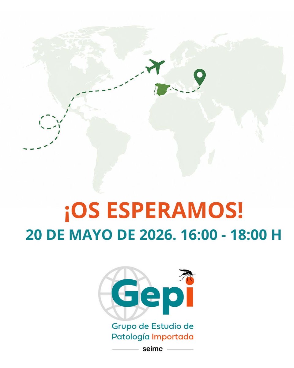 GepiSeimc's tweet photo. 🗓️ SAVE THE DATE | 20 DE MAYO

El Grupo de Estudio de Patología Importada (GEPI) de la SEIMC te invita al webinar:

🔬 “Presentación de las guías de diagnóstico y tratamiento de la malaria importada en España”

Una sesión imprescindible para la actualización en el manejo de esta patología en nuestro entorno.

🔗 Información e inscripciones: https://t.co/EtYouNpRjH

#SEIMC #GEPI #Malaria #MedicinaTropical