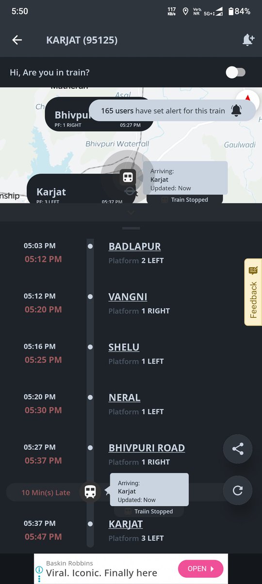 mmamdekar's tweet photo. Train 22225 DOJ 03 May 2026 held behind train 95125 (CSMT - Karjat).

Train 95125 is already delayed and further detained at Karjat outer for a goods rake crossing.

How can a goods rake be prioritized over Vande Bharat? @AshwiniVaishnaw
 
UTS ID:X06VECA0A6 https://t.co/uhwQZ6B8dM