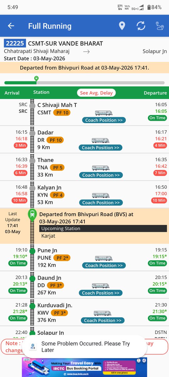mmamdekar's tweet photo. Train 22225 DOJ 03 May 2026 held behind train 95125 (CSMT - Karjat).

Train 95125 is already delayed and further detained at Karjat outer for a goods rake crossing.

How can a goods rake be prioritized over Vande Bharat? @AshwiniVaishnaw
 
UTS ID:X06VECA0A6 https://t.co/uhwQZ6B8dM