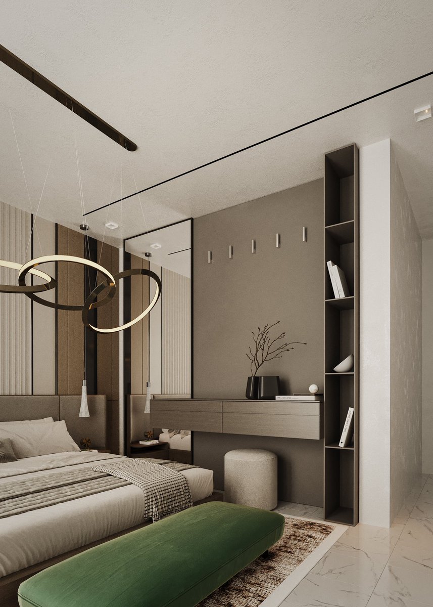 Samuel21rt's tweet image. PROJECT B 1 | Bedroom 

Where calm meets statement ✨,
Layered textures, warm tones, and a bold touch of green create a bedroom that feels both grounded and elevated.

#BedroomDesign #InteriorInspo #ModernLiving #LuxuryInteriors