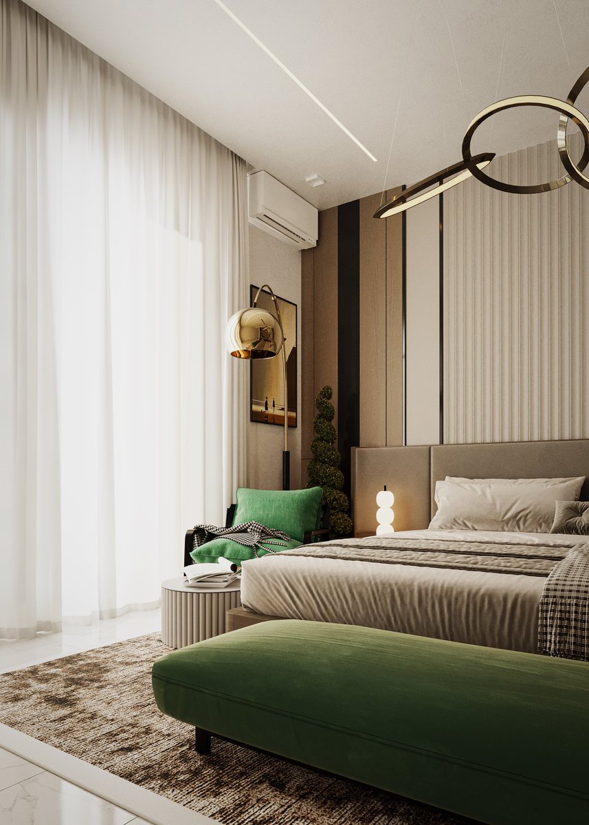 Samuel21rt's tweet image. PROJECT B 1 | Bedroom 

Where calm meets statement ✨,
Layered textures, warm tones, and a bold touch of green create a bedroom that feels both grounded and elevated.

#BedroomDesign #InteriorInspo #ModernLiving #LuxuryInteriors
