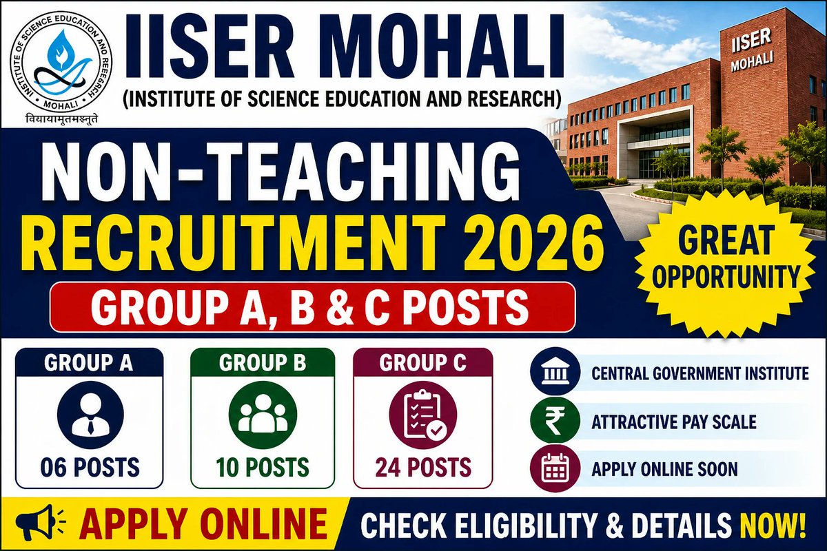 rojgarbharat's tweet image. IISER Mohali Non-Teaching Group A, B, C, Posts Recruitment 2026
Click Details:
rojgarbharat.info/engineer/iiser…

#nonteaching #recruitment #latestjob