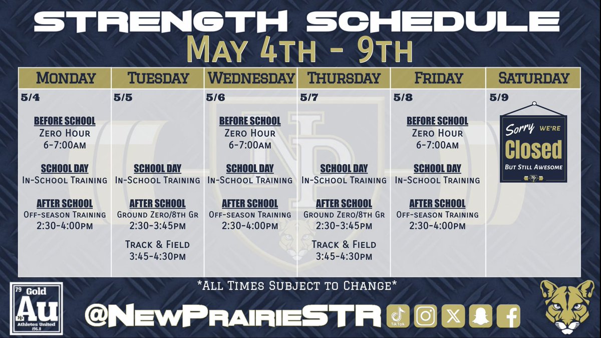 NewPrairieSTR's tweet image. 𝙎𝙩𝙧𝙚𝙣𝙜𝙩𝙝 𝙎𝙘𝙝𝙚𝙙𝙪𝙡𝙚
May 4th-9th

Things still winding down but we keep pushing even harder to the finish.
Keep IMPROVING.
Last week of Ground Zero training. 

MWF Zero Hour  
MWF After School  
TuTh Ground Zero
#GoldStandard #United #NPAu