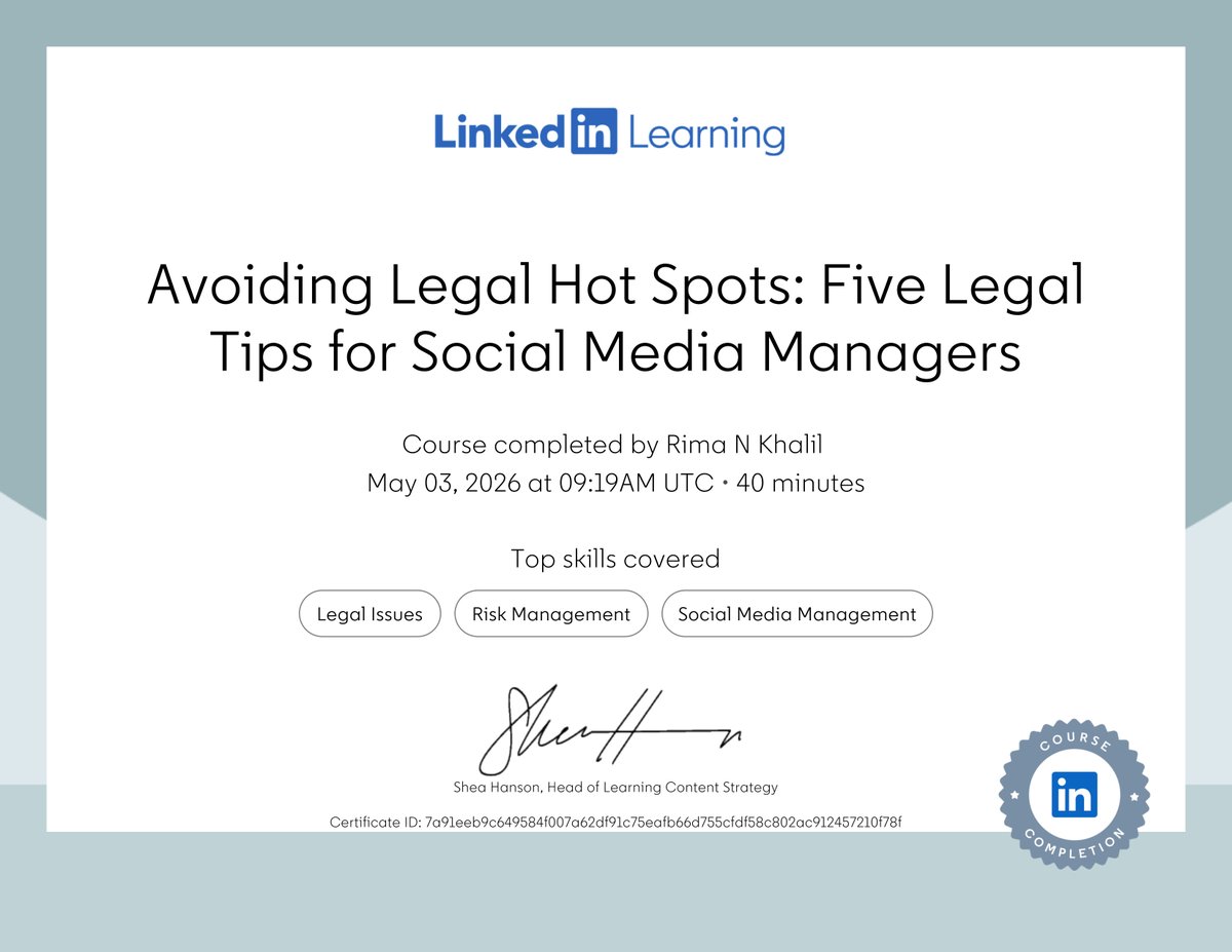 Remm44758367's tweet image. فخورةبإتمام دورات تخصصيةعبرLinkedIn learning🎓 ركزت فيهاعلى الربط بين الابداع الرقمي والأطر القانونية لحماية المحتوى والعلامات التجارية.
Brinding AI creativity with leagl fromeworks to protect digital assests &amp;amp; trademarks. Akey step for digital security.#copyright #RîîmãŃKhåłîł