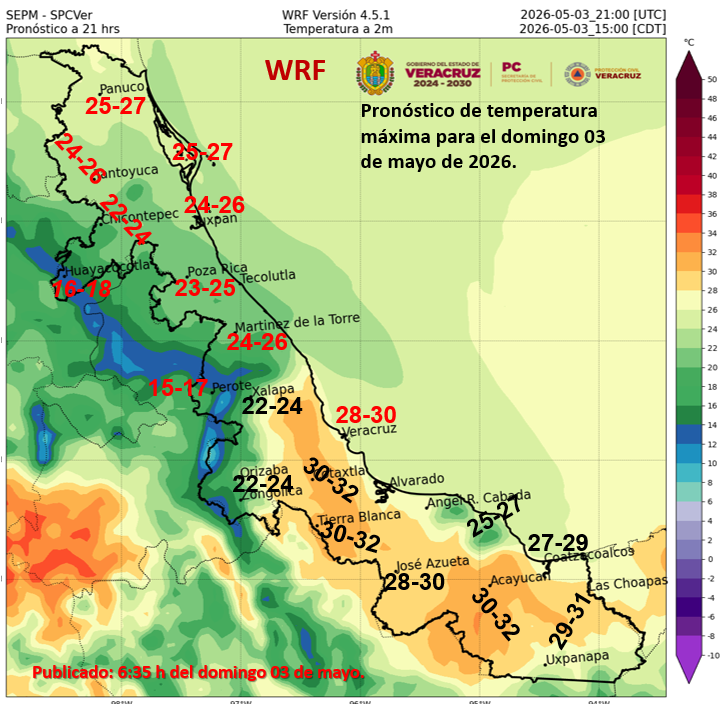 🌡Amigas y amigos, hoy se prevé ambiente templado a relativamente caluroso al mediodía en el estado de Veracruz.

Aquí el pronóstico de temperaturas máximas para este domingo 03 de mayo de 2026👇🏽

Consulte #InformeMeteorológico.