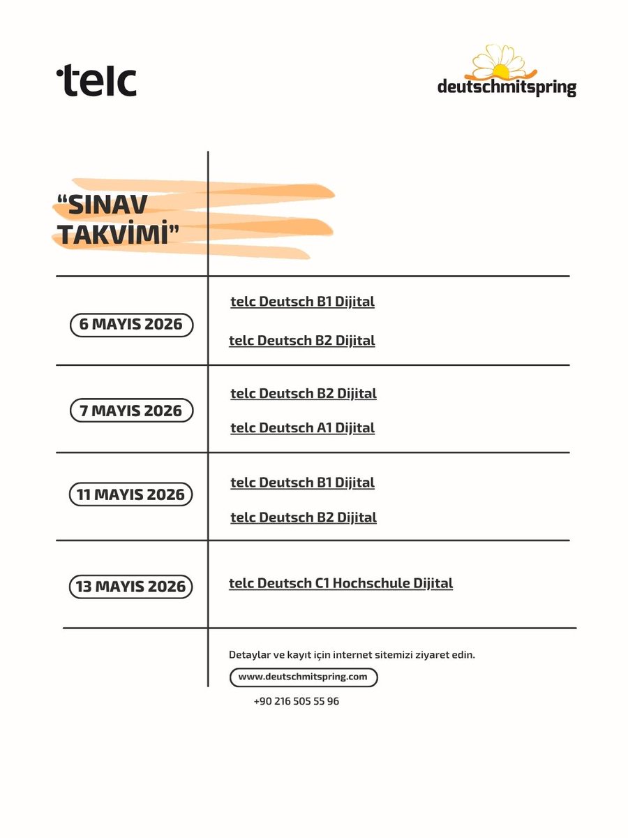 springverlag's tweet photo. 📢 telc Mayıs 2026 Sınav Takvimi Yayında!

Mayıs ayında telc sınavına girmeyi planlayan adaylar için sınav takvimimiz yayınlandı. deutschmitspring’te açılan telc oturumları için başvurunuzu erkenden tamamlayarak yerinizi ayırtabilirsiniz. https://t.co/ua1T4ehUT8