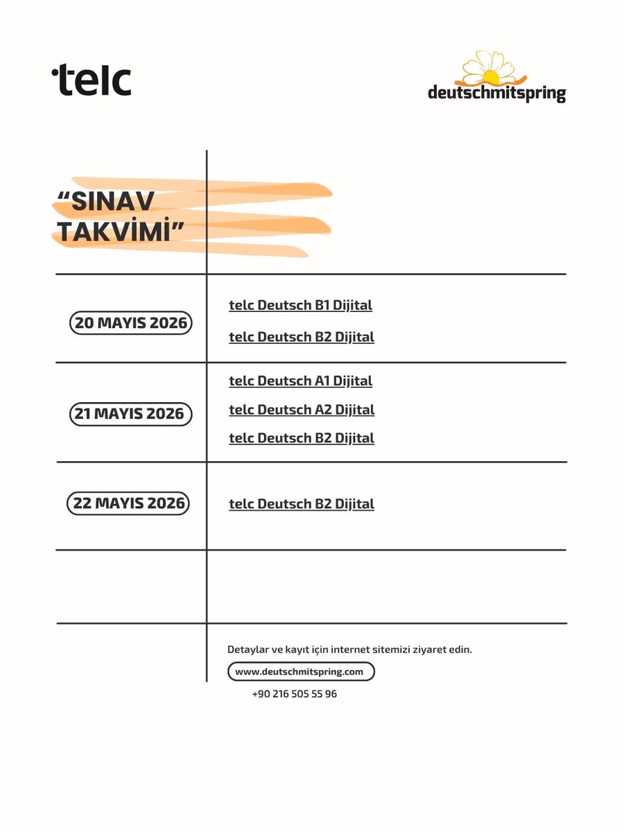 springverlag's tweet photo. 📢 telc Mayıs 2026 Sınav Takvimi Yayında!

Mayıs ayında telc sınavına girmeyi planlayan adaylar için sınav takvimimiz yayınlandı. deutschmitspring’te açılan telc oturumları için başvurunuzu erkenden tamamlayarak yerinizi ayırtabilirsiniz. https://t.co/ua1T4ehUT8