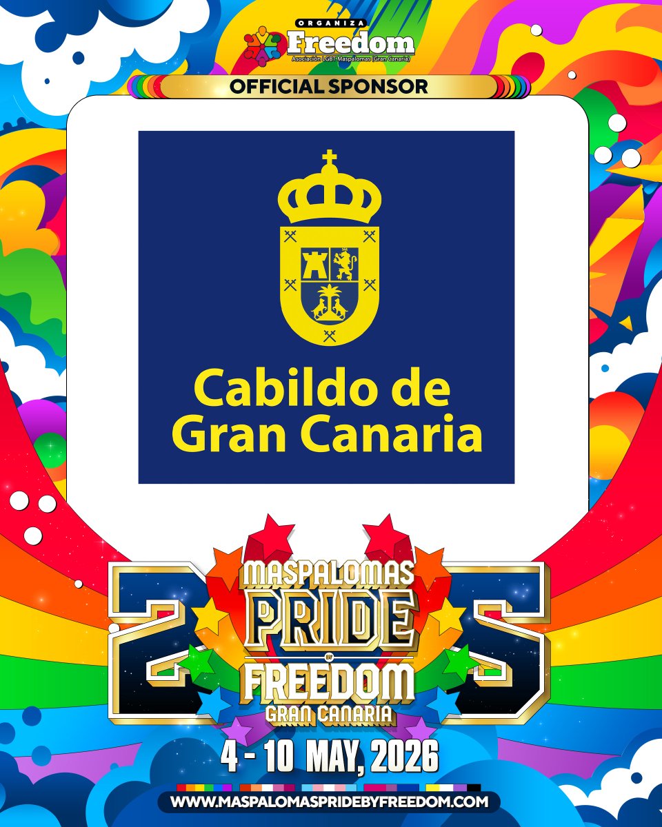 MaspaPride's tweet photo. Cabildo de Gran Canaria patrocinador oficial del Maspalomas Pride By Freedom 2026! 🏳️‍🌈 ¡Muchas gracias por el apoyo, en especial en el 25 aniversario de este gran evento turístico! 🎉

#cabildodegrancanaria #maspalomaspridebyfreedom #freedompride #grancanaria #visitgrancanaria https://t.co/xLF0MokvYJ