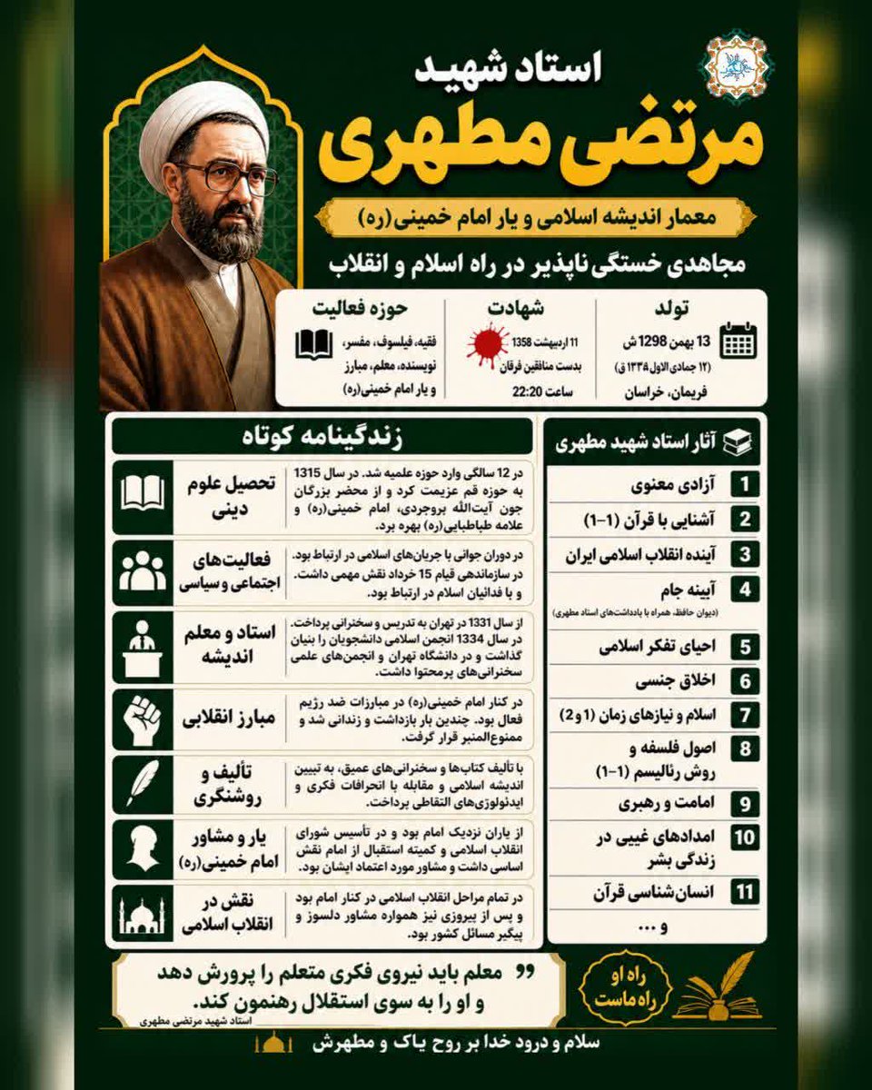 77montazer99's tweet photo. "یاد و خاطره استاد مطهری، همچنان چراغی روشن در راه معرفت و حقیقت. شهادت ایشان نماد پایبندی به اصول انسانیت و فداکاری در مسیر آگاهی بود. روحش شاد و یادش گرامی."

#باز_هم_پیروز_میدانیم
#استاد_مطهری
#روز_معلم
#سپاس_معلم https://t.co/vTU1YuAUdb