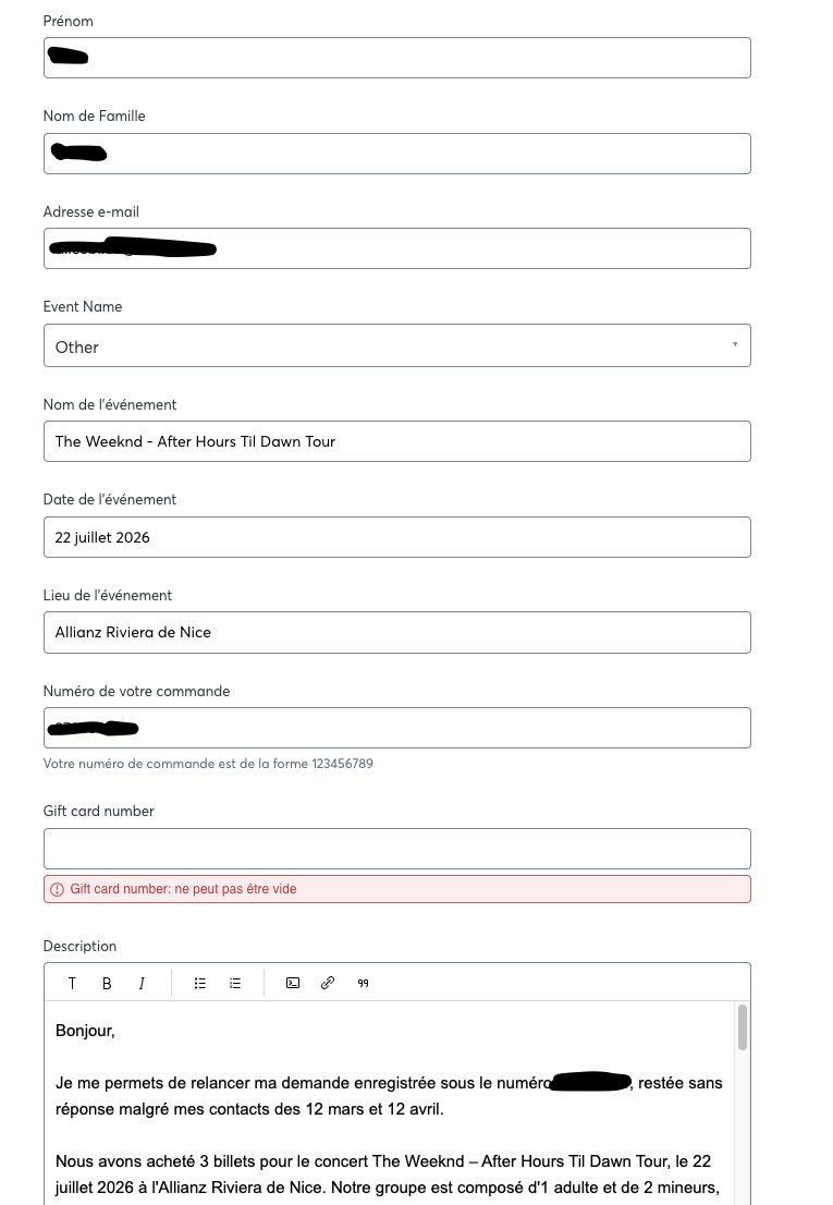 slaycvx's tweet photo. @Ticketmaster @TicketmasterFR 

Acheté 3 billets en septembre 2025, toujours pas reçus. Places séparées avec des mineurs. 3 mois de mails ignorés. Formulaire de contact cassé. Impossible de vous joindre. C'est quoi la solution ? 🙂 https://t.co/XHy8v79Xwt