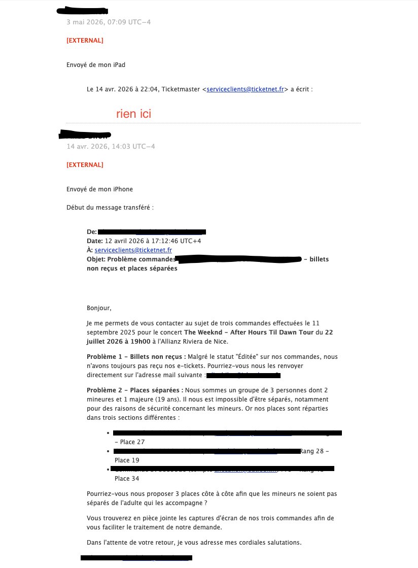slaycvx's tweet photo. @Ticketmaster @TicketmasterFR 

Acheté 3 billets en septembre 2025, toujours pas reçus. Places séparées avec des mineurs. 3 mois de mails ignorés. Formulaire de contact cassé. Impossible de vous joindre. C'est quoi la solution ? 🙂 https://t.co/XHy8v79Xwt