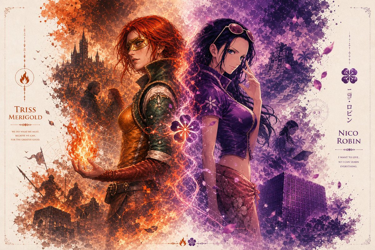 mangaPE2L's tweet image. Triss Merigold 🔥 x Nico Robin 🗿

Wallpaper with IA 🤖

#TheWitcher #OnePiece #FanArt