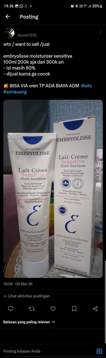 user7278_'s tweet photo. wts / want to sell /jual 

embryolisse moisturizer sensitive 
100ml 250k aja (nego tipis)
- isi masih 90%
- dijual karna ga cocok

🍊 BISA VIA oren TP ADA BIAYA ADM  #wts #zonauang https://t.co/bK0l93YGaH