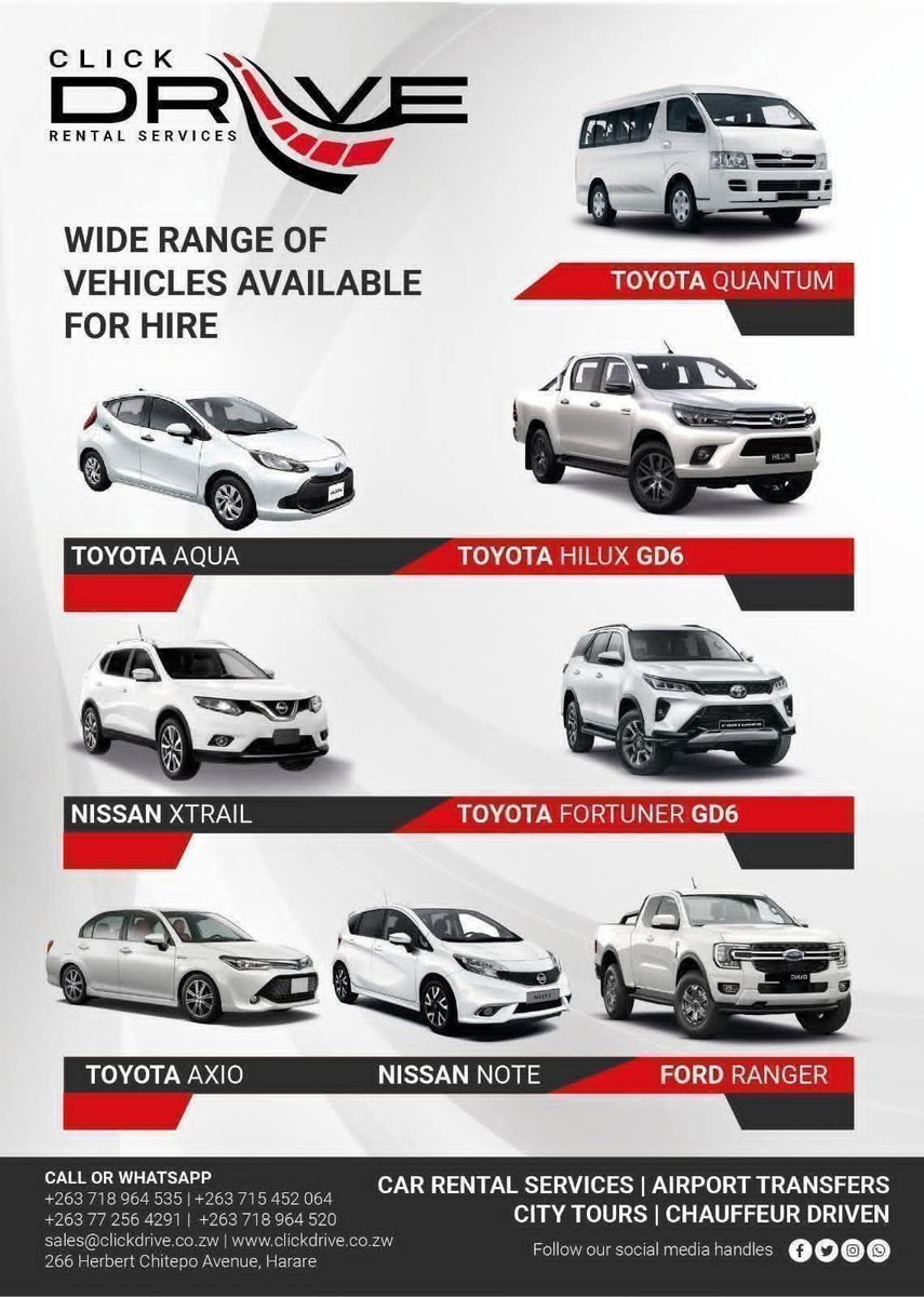 ClickdriveZim's tweet photo. @redmarketsunday Car hire from $35/day. 🚗 🚘 🚚

Get the best car rental services at affordable rates and experience our exceptional client service.

 🏬 🏢 Available at the Airport | Harare CBD and Bulawayo 

 📲 ☎️ Contact 0715452064

  🌎   https://t.co/JYcBwISCoa https://t.co/4P5vhym3ly