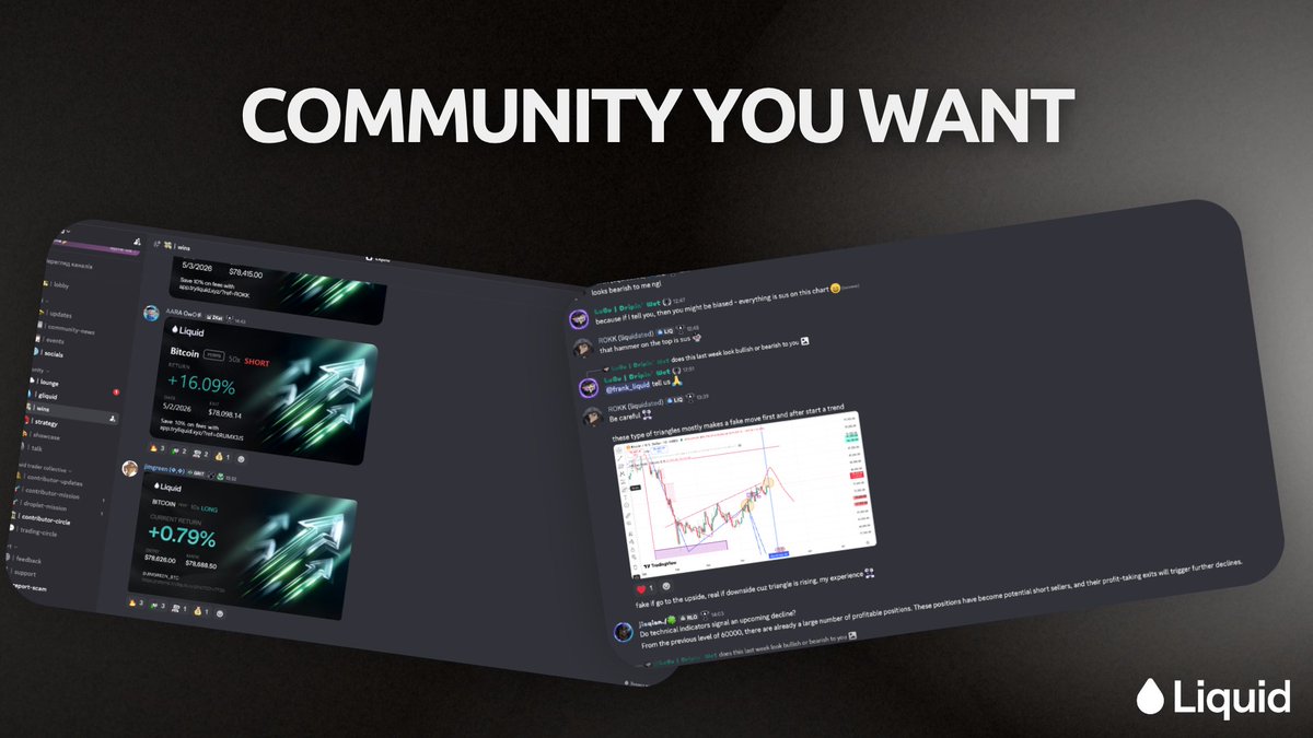 vsdkk's tweet photo. usually crypto discords are just a wasteland where everyone spams gm and grinds the chat

@liquidtrading took a different route and turned their server into a proper trading hub for people who actually trade the market

first off they packed all the info streams into one solid news aggregator so you dont have to constantly jump between tabs and twitter when things move fast

second there are actual spaces for strategy talk where you can calmly break down setups with solid people, and plus theres a spot to easily drop your profits straight from the app to share your results with the community

overall the vibe is just really good, its a place you actually want to hang out in
