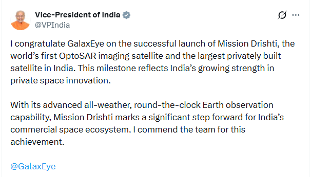 airnews_abad's tweet image. ➡️ઉપરાષ્ટ્રપતિ શ્રી સી. પી. રાધાકૃષ્ણન દ્વારા 'દૃષ્ટિ મિશન'ના સફળ પ્રક્ષેપણ બદલ ગેલેક્સી-આઈ ની ટીમને હાર્દિક શુભકામનાઓ પાઠવવામાં આવી છે.

#DrishtiMission #GalaxEye #SpaceTech #AtmanirbharBharat #CPRadhakrishnan #IndiaInSpace #ISRO #NewIndia #GujaratiNews #SpaceInnovation