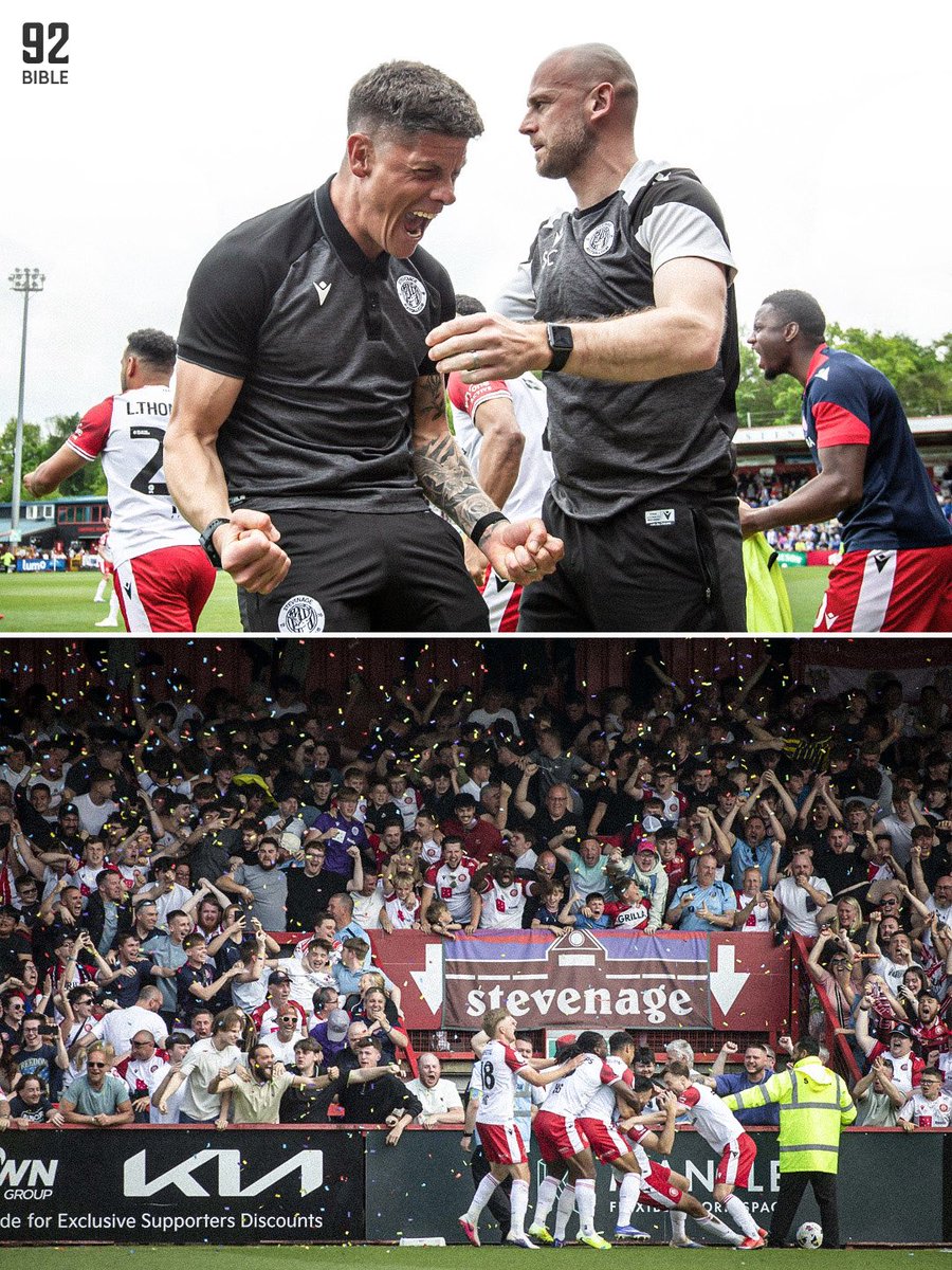 The92Bible's tweet photo. STEVENAGE IN THE CHAMPIONSHIP 👀⁉️

In the 2019/20 season, Stevenage stayed in the EFL with just 3 wins, due to Bury and Macclesfield going under during difficult financial circumstances in COVID… 

Steve Evans took charge after Boro found themselves in another relegation battle in League Two, but he turned the club around; keeping them up, and gaining automatic shock automatic promotion to League One the next season 👏🏽

Following a play-off charge that ended in 9th place in their first season, Evans left for Rotherham, and assistant manager - former Stevenage striker Alex Revell - took charge permanently, guiding them to a solid 14th place last season… 

This season, based on a defensive foundation of Charlie Goode and captain Carl Piergianni, Boro won 18 of their 21 wins by just a 1 goal margin, pipping both Luton and Plymouth to a 6th-place finish on the final day with a dramatic 1-0 win over Wigan Athletic 🤯

Despite scoring just 49 goals, the lowest ever goals scored by a team making the play-offs, their defensive resilience will ensure that Stockport, a side that Stevenage did the double over this season, do not have it all their own way in their League One play-off semi-final…

Can Stevenage make it into the Championship for the first time in the club’s history?👇🏽