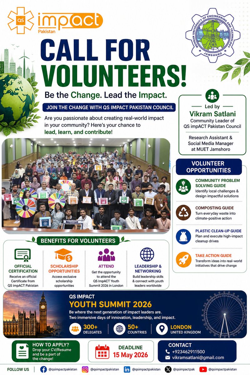 QSimpactpak's tweet photo. CALL FOR CHANGEMAKERS!
Be the Change. Lead the Impact. 🌍

Are you ready to turn your passion into real-world action? QS ImpACT Pakistan is looking for volunteers at MUET Jamshoro who want to lead, learn, and contribute!
📅 Deadline: 15 May 2026
📩 Apply Now: Send your CV/Resume https://t.co/cI4qMD8DFm
