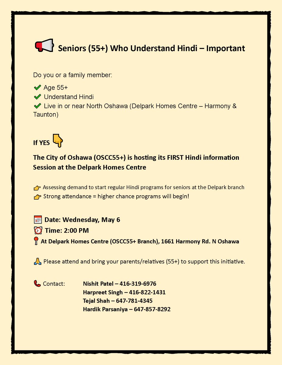 rosemcconkey's tweet photo. Oshawa (OSCC55+) is hosting its FIRST Hindi language information session at Delpark Homes Centre on Wed May 6th https://t.co/hkCu207lsv