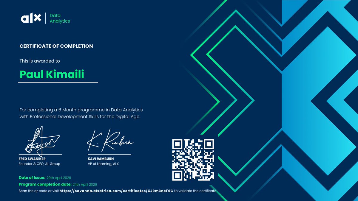 PaulKimaili's tweet image. Certified in Data Analytics with @alx_africa 🎓

6+ months of discipline, growth, and skill-building—now equipped to turn data into meaningful insights that drive impact.

Next stop: Data Engineering 🚀
Open to opportunities—let’s connect.
#AlxAfrica #OpenToWork #DataDriven