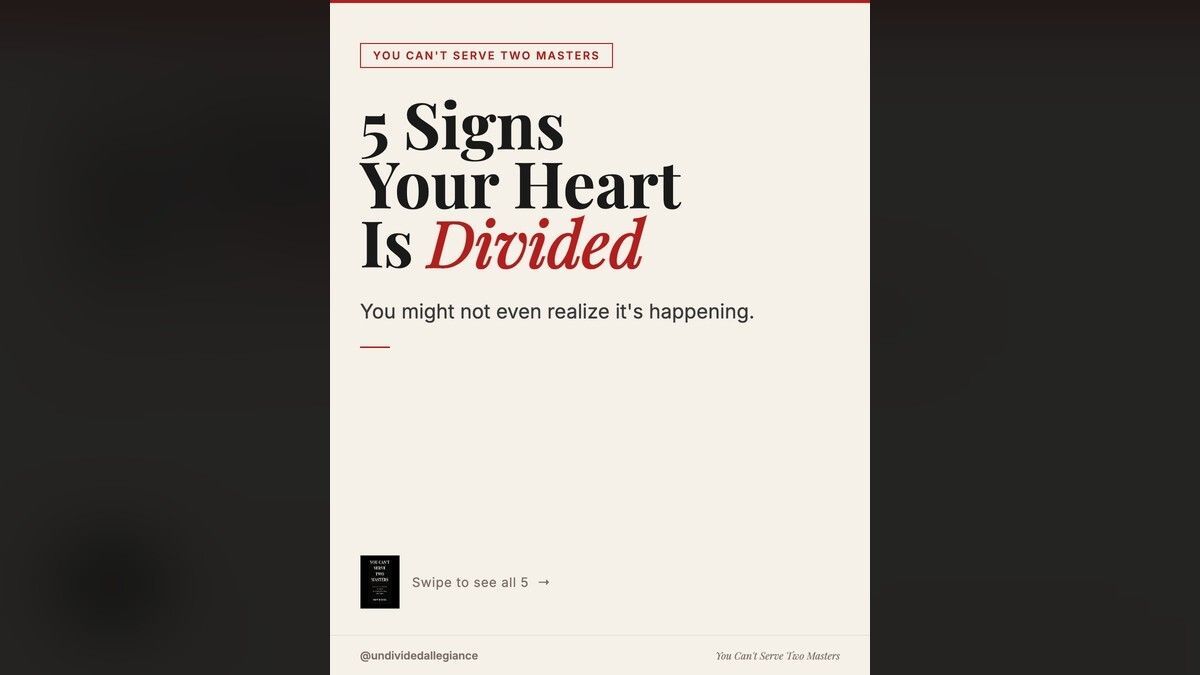 _drewr4's tweet image. 5 signs your heart is divided. A thread would take forever, so I made a carousel. Swipe. undividedallegiance.com/book/

#YouCantServeTwoMasters #ChristianBooks