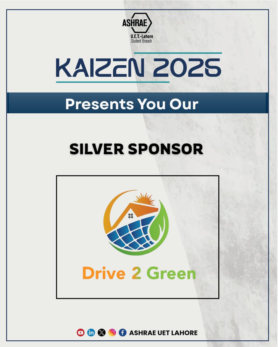 ashraeuetlhr's tweet image. Proud to welcome Drive 2 Green as Silver Sponsor of KAIZEN 2026 🌱⚡

Driving sustainable energy toward a cleaner, smarter future.
Together, we turn ideas into impact.

#KAIZEN2026 #GreenFuture #Lead #Excel #Explore