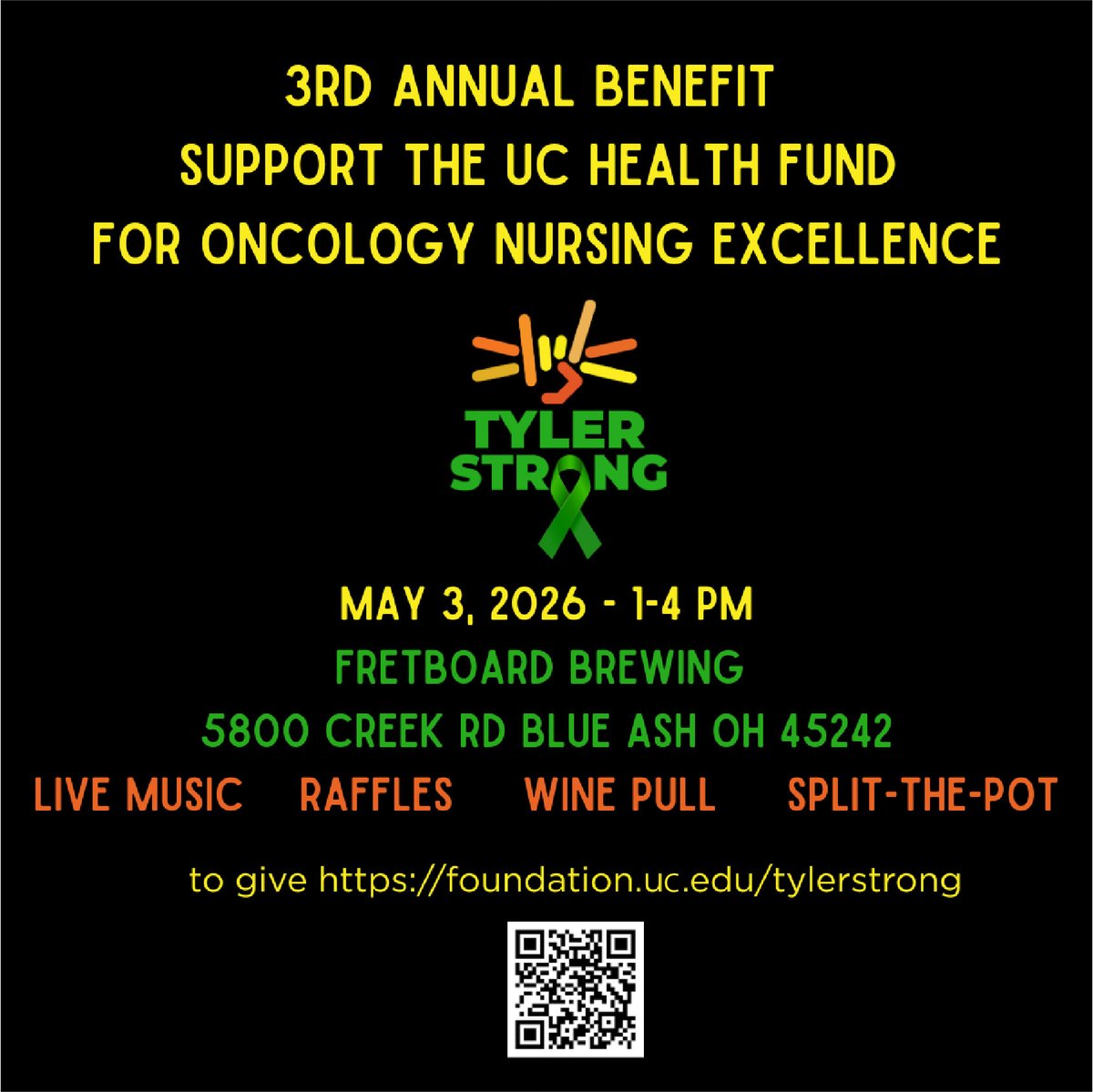 FretboardBrewCo's tweet image. Today is the 3rd Annual Tyler Strong benefit! Join us from 1–4PM for live music, raffles, wine pulls and more! All in support of UC Health Fund for Oncology Nursing Excellence! Come show out for a great cause! 🤩

#drinklocal #rocklocal #cincybrau  #tylerstrong