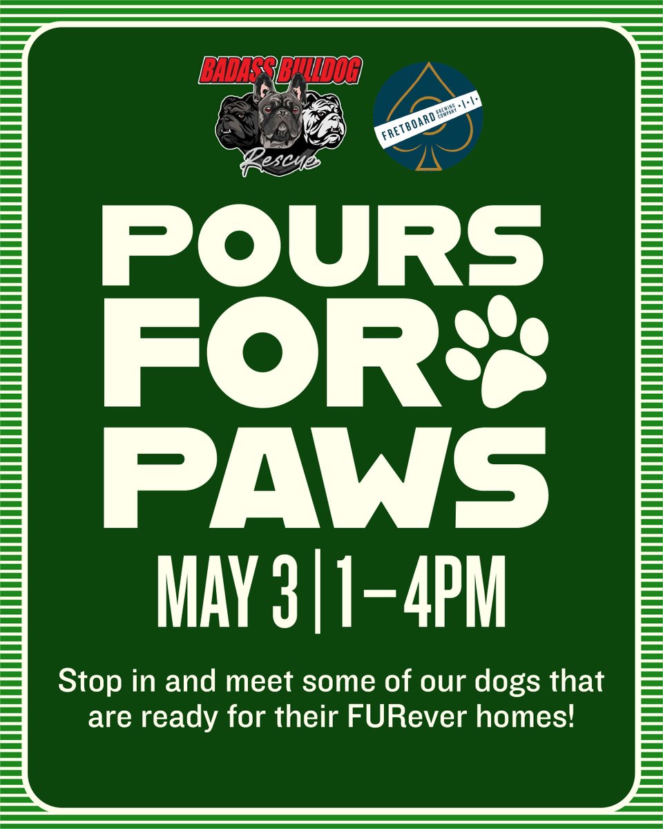FretboardBrewCo's tweet image. Join us today at Factory 52 for Pours for Paws! Badass Bulldogs is bringing dogs that are looking for their FURever home! Come meet some pups from 1–4PM 🐶

#drinklocal #rocklocal #cincybrau