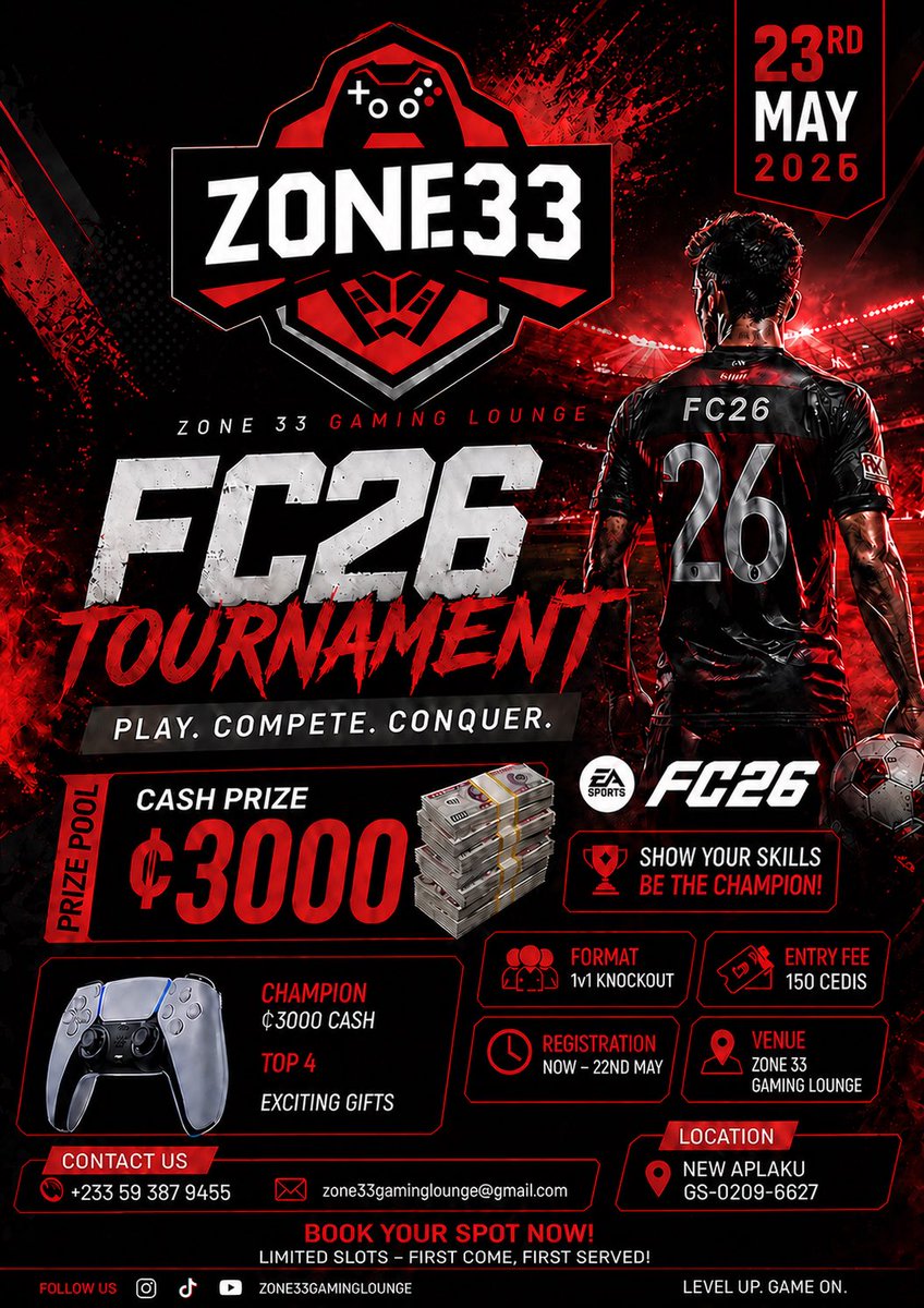 _Nanamayo's tweet image. Secure your spot now and show us what you’ve got.

#FC26 #EsportsGhana #GamingTournament #Zone33 #LevelUp #GamersUnite #EsportsAfrica

Click here to register 

forms.gle/gwr2Tj9RWNtA2r…