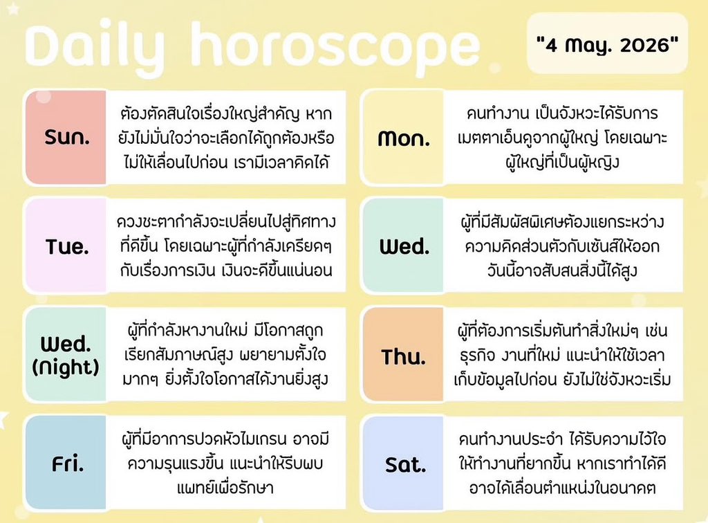 newmoonblessing's tweet image. 🔮ดวงประจำวันที่ 4 พฤษภาคม 2569
.
.
.
#ด #ดวง #ดวงรายวัน #ดวงความรัก #ดวงวันนี้ #ดูดวง
#ดูดวงความรัก #ดูดวงออนไลน์ #pickacard
#pickacardreading #NewmoonblessingTarot
#ดูดวงกับNewmoonblessingTarot
